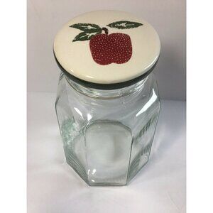 Glass Jar Canister W Ceramic Apple Lid Octagon Cookie Storage Kitchen Farmhouse